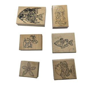 Set Of 6 Wooden Rubber Stamps Fish Jellyfish Floral ocean animal nautical craft